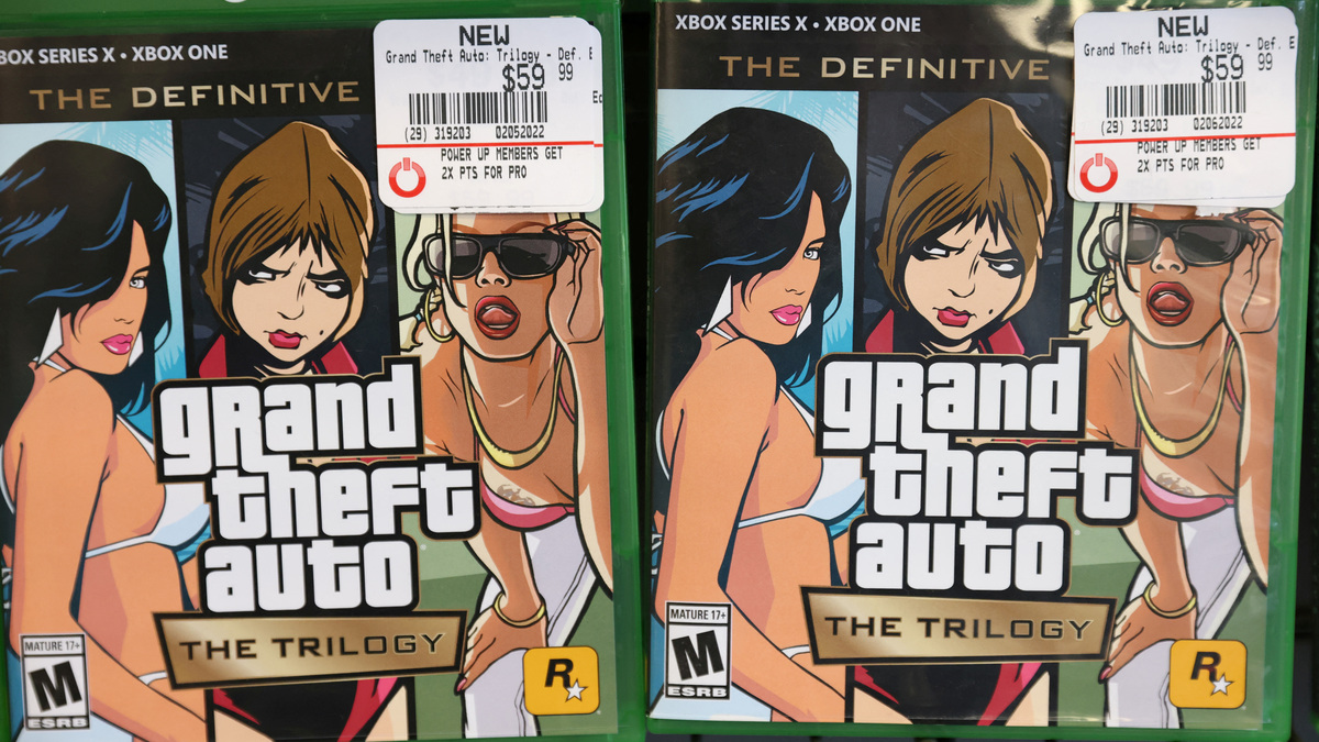 FILE PHOTO: Grand Theft Auto The Trilogy by Take-Two Interactive Software Inc is seen for sale in a store in Manhattan, New York City, U.S., February 7, 2022. REUTERS/Andrew Kelly/File Photo