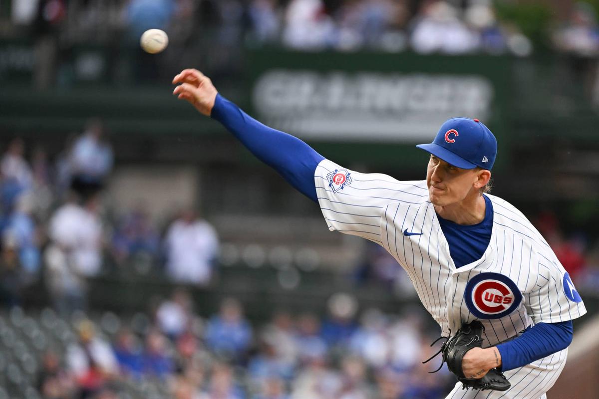  May 19, 2026; Chicago, Illinois, USA; Chicago Cubs pitcher Ben Brown (32) delivers the ball during the first inning against the Milwaukee Brewers at Wrigley Field. Mandatory Credit: Matt Marton-Imagn Images