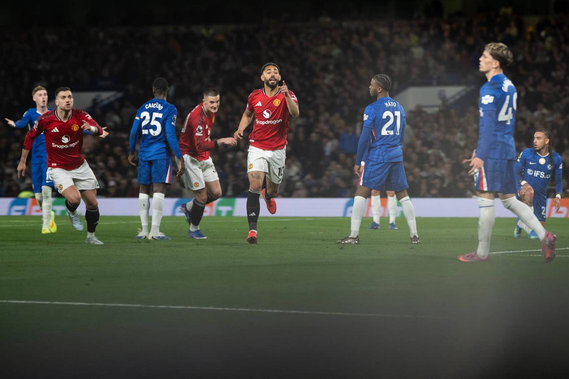 Matheus Cunha of Manchester United celebrates scoring their first goal during the Premier League match between Chelsea and Manchester United at Stamford Bridge on April 18, 2026 in London, England. (Photo by Ash Donelon/Manchester United via Getty Images) Photo by Ash Donelon/Manchester United via Getty Images