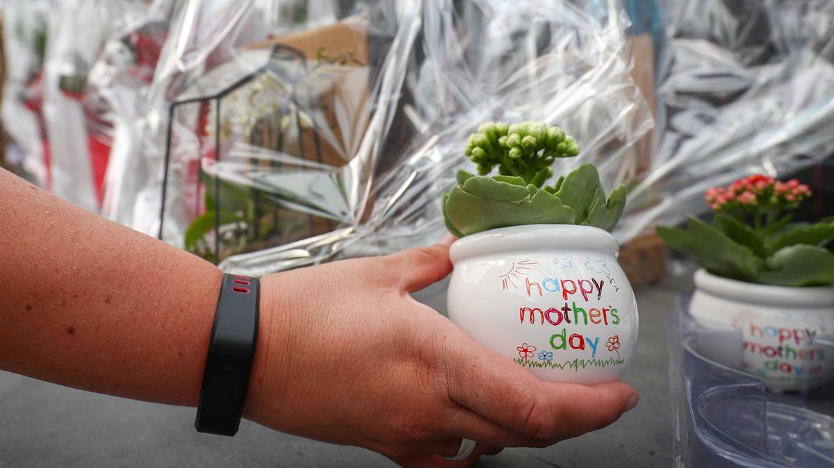 A florists shows a small pot with a plant and the words "Happy Mothers Day" written on it, in a flower shop in Merbes-Le-Chateau, Belgium, on May 9, 2020. (Virginie Lefour/AFP via Getty Images/TNS)