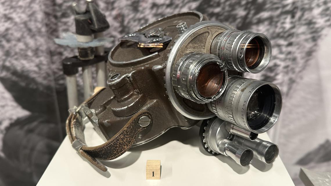 A 1940s Bell & Howell movie camera, believed to be the first or second camera Warren Miller used in making his annual ski films dating back to 1950, is on display in a new exhibit dedicated to Miller's pioneering career at the Colorado Snowsports Museum in Vail, Colo. The exhibit, which was unveiled March 27, has a prominent place in the museum, which is celebrating its 50th  anniversary. (John Meyer/The Denver Post/TNS)