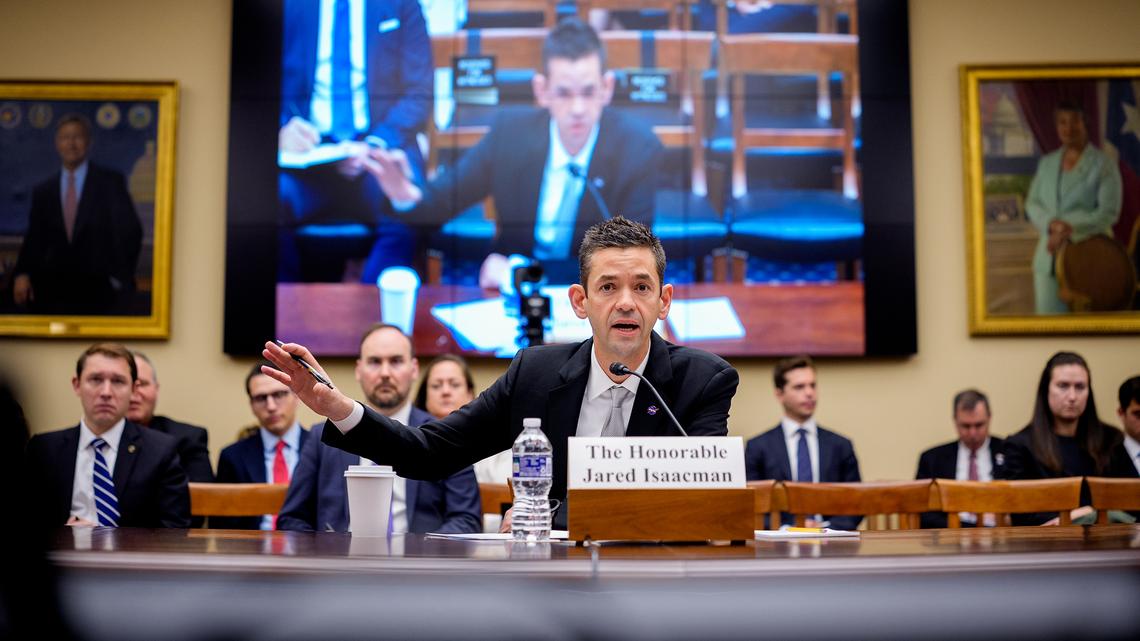 NASA Administrator Jared Isaacman speaks during a House Science, Space, and Technology Committee hearing on Capitol Hill on April 22, 2026, in Washington, D.C. Isaacman is testifying on President Trump's FY2027 budget request. (Andrew Harnik/Getty Images/TNS)