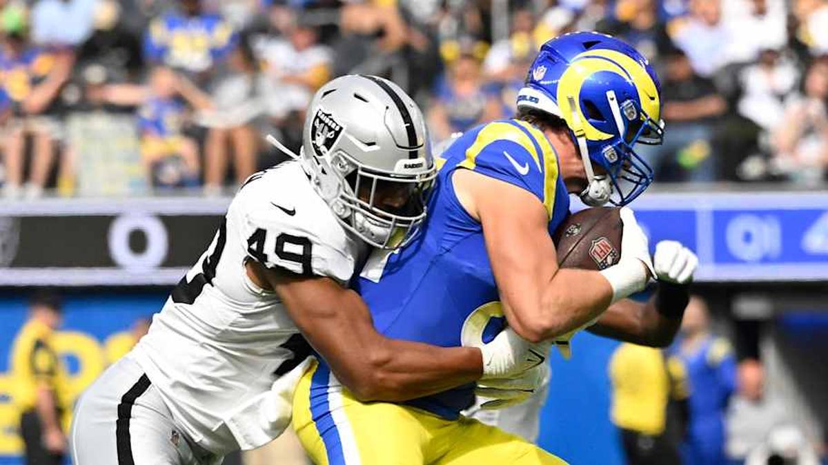  Oct 20, 2024; Inglewood, California, USA; Las Vegas Raiders defensive end Charles Snowden (49) tackles Los Angeles Rams tight end Hunter Long (84) at SoFi Stadium. Mandatory Credit: Robert Hanashiro-Imagn Images | Robert Hanashiro-Imagn Images 