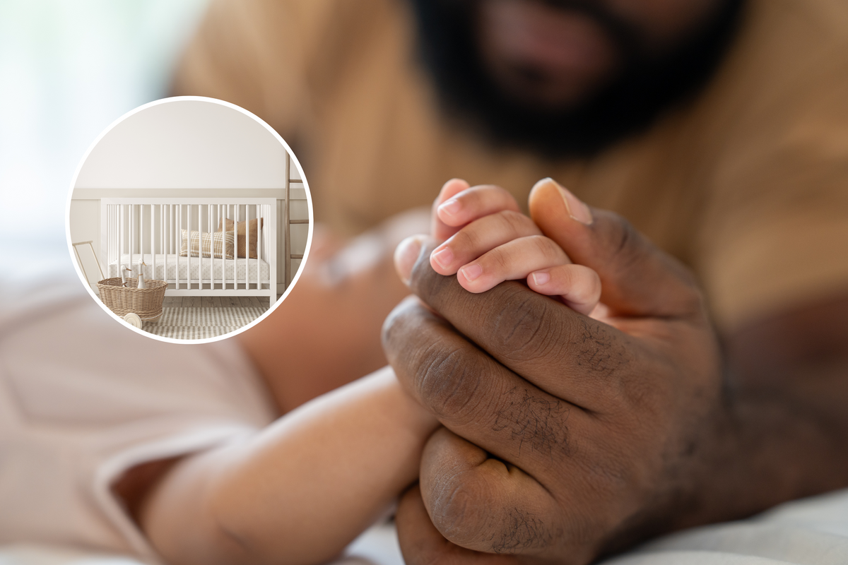  From left: A baby’s cot in a nursery; and a man holding his baby’s hand. 