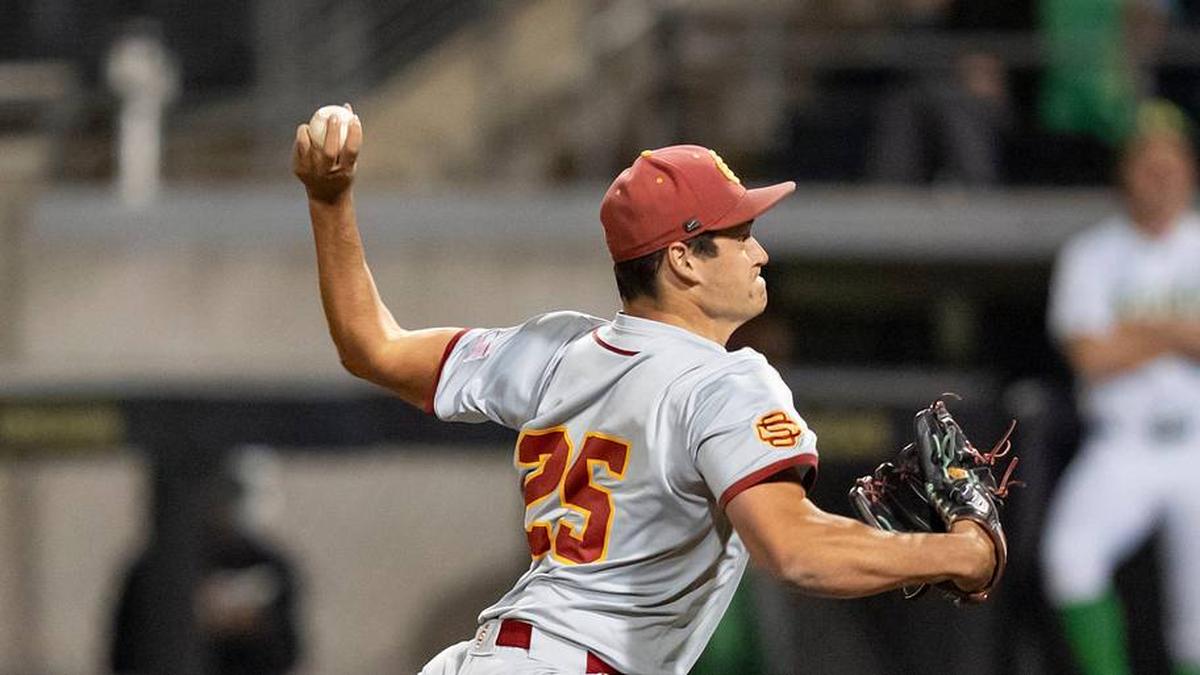  USC pitcher Sax Matson throws a pitch as the Oregon Ducks host the USC Trojans on May 14, 2026, in Eugene, Oregon. | Ben Lonergan/The Register-Guard / USA TODAY NETWORK via Imagn Images 