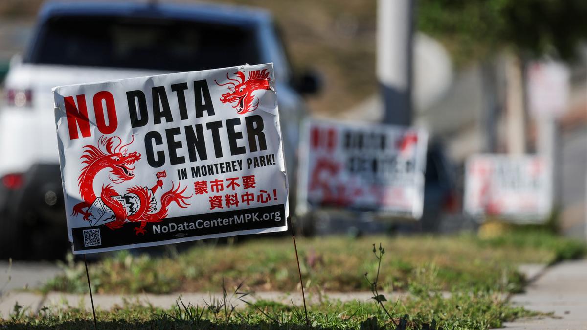Yard signs in Monterey Park, Calif., which just became the first city in the nation to ban data centers by a public vote, seen on Wednesday, April 1, 2026. (Robert Gauthier/Los Angeles Times/TNS)