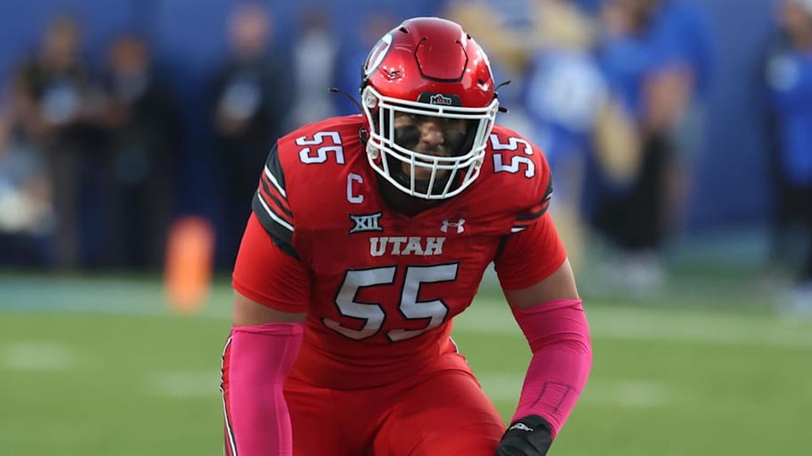  Oct 18, 2025; Provo, Utah, USA; Utah Utes offensive lineman Spencer Fano (55) waits for the play against the BYU Cougars during the first half at LaVell Edwards Stadium. Mandatory Credit: Rob Gray-Imagn Images | Rob Gray-Imagn Images 