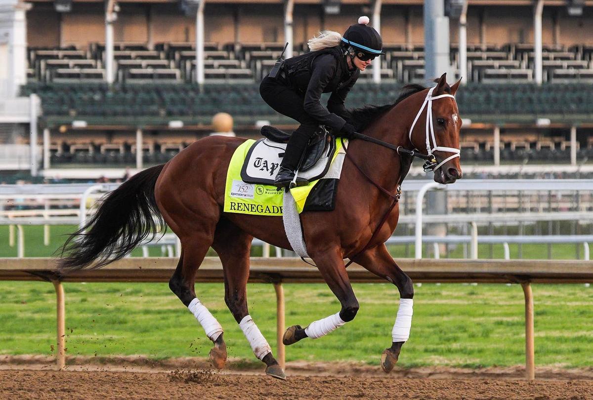  2026 Kentucky Derby horse and morning line 4-1 favorite Renegade with exercise rider Nora McCormack works at Churchill Downs in Louisville, Kentucky. Renegade was raced five times, winning twice with multiple finishes with around $1 million in earnings. The trainer is Todd Pletcher. Jockey Irad Ortiz, Jr. is slated to ride. April 27, 2028. 