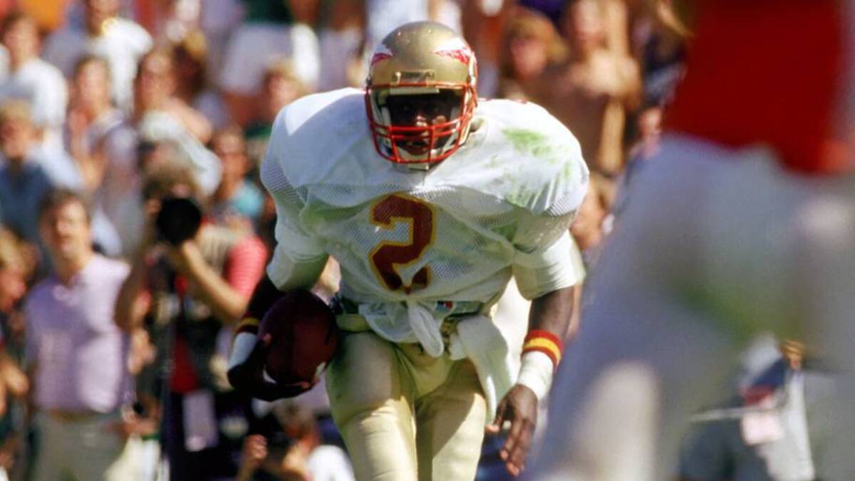  Nov 1, 1986; Miami, FL, USA; FILE PHOTO; Florida State Seminoles cornerback #2 DEION SANDERS in action against the Miami Hurricanes at the Orange Bowl. Miami defeated Florida State 41-23. Mandatory Credit: Photo By USA TODAY Sports © Copyright USA TODAY Sports | IMAGN IMAGES via Reuters Connect 