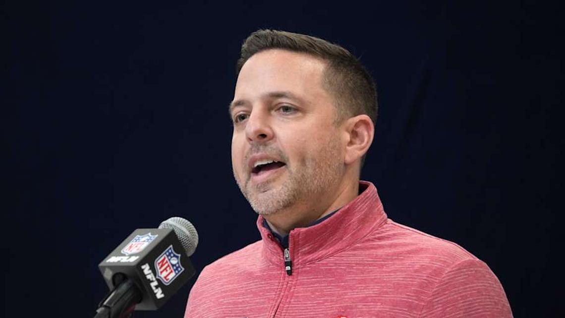  Feb 27, 2025; Indianapolis, IN, USA; New England Patriots general manager Eliot Wolf speaks during the 2025 NFL Scouting Combine at the Indiana Convention Center. Mandatory Credit: Kirby Lee-Imagn Images | Kirby Lee-Imagn Images 