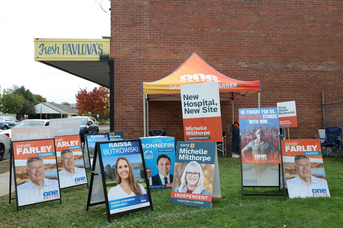 Campaign signs depicting One Nation candidate David Farley, Liberal candidate Raissa Butkowski, Independent candidate Michelle Milthorpe, and former Australia soldier Ben Roberts-Smith are displayed outside a pre-polling centre ahead of the Farrer by-election in Albury, Australia, May 6, 2026. REUTERS/Hollie Adams