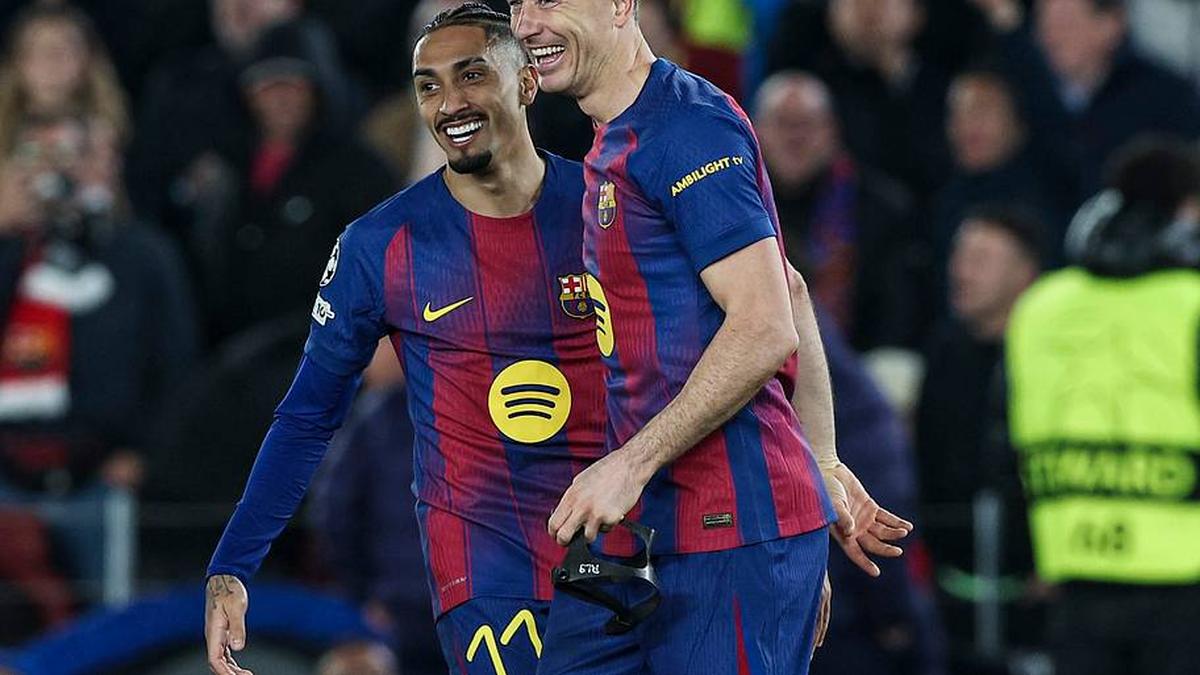  Raphinha (left) and Robert Lewandowski will play together for a final time against Valencia. | Gongora/NurPhoto/Getty Images 