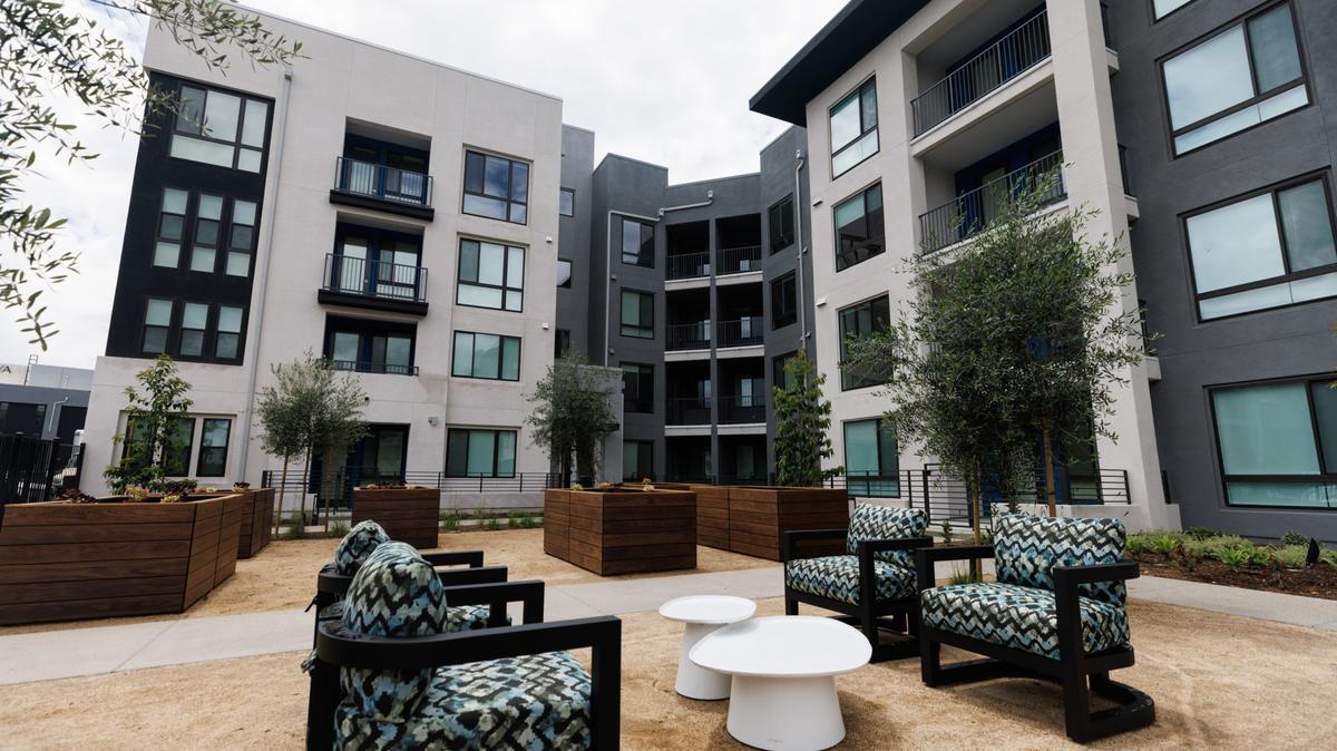 The courtyard of the VAYA apartment complex in the Millenia community of Otay Ranch, as seen in early May. (Kristian Carreon / The San Diego Union-Tribune)