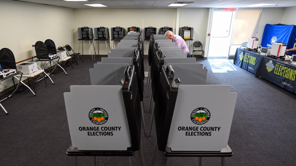 A voter casts their choice for Prop. 50 inside the vote center at Edison Community Center in Huntington Beach, CA, on Monday, Oct. 27, 2025. (Photo by Jeff Gritchen, Orange County Register/SCNG)