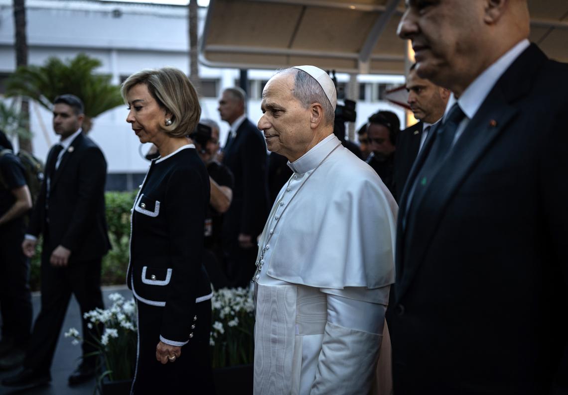 FILE -- Pope Leo XIV arrives in Beirut, following his visit to Turkey, Nov. 30, 2025. Unlike his predecessor, Pope Leo XIV enjoys growing support from a broad swath of conservative Catholics. (Diego Ibarra Sánchez/The New York Times)
