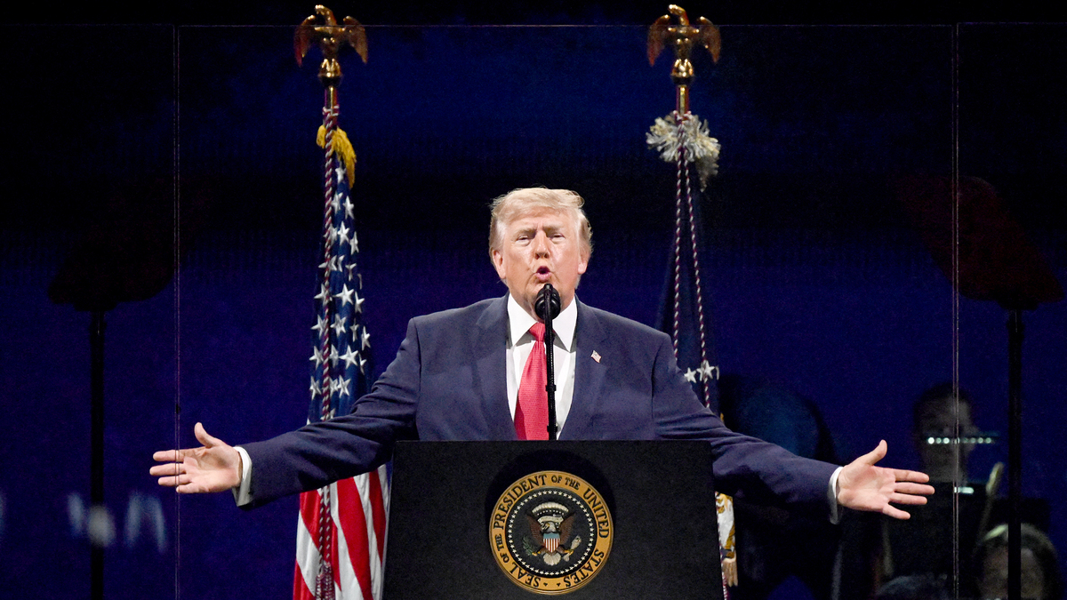 US President Donald Trump speaks during the "Salute to America" Independence Day celebration on the National Mall in Washington, DC, on July 4, 2026. The nation is marking the 250th anniversary of the United States Declaration of Indpendence. (Alex Wroblewski/AFP/Getty Images/TNS)