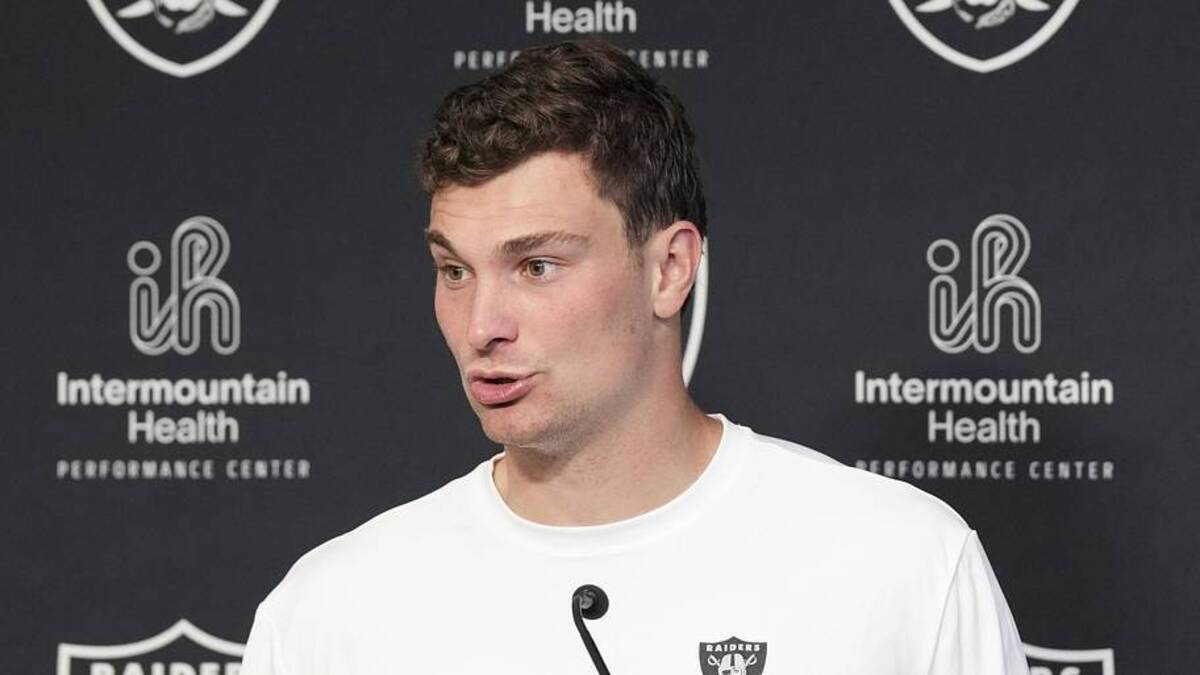  May 2, 2026; Henderson, NV, USA; Las Vegas Raiders quarterback Fernando Mendoza (15) speaks during a news conference at the team's Rookie Minicamp at Intermountain Health Performance Center. Mandatory Credit: Candice Ward-Imagn Images | Candice Ward-Imagn Images 