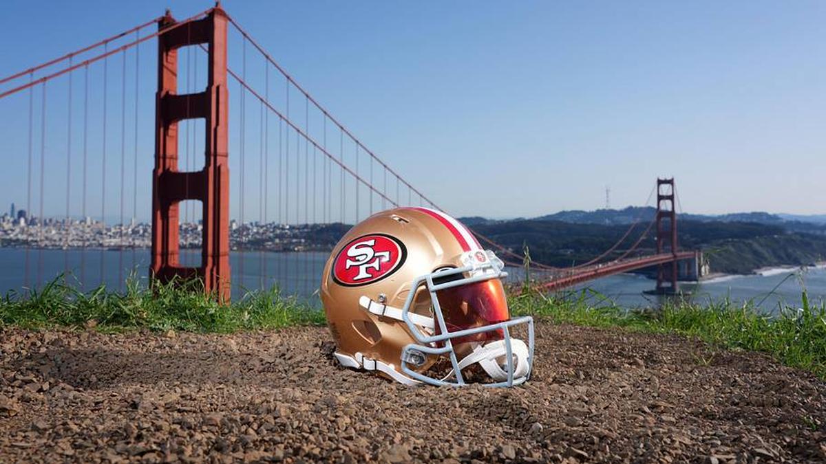  Jan 29, 2026; San Francisco, California, USA; A San Francisco 49ers helmet at the Golden Gate bridge. Mandatory Credit: Kirby Lee-Imagn Images | Kirby Lee-Imagn Images 