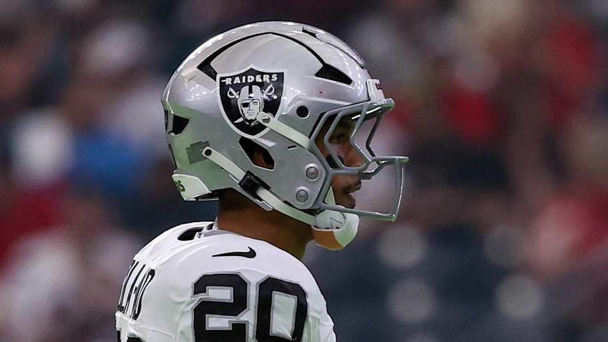  Dec 21, 2025; Houston, Texas, USA; Las Vegas Raiders safety Isaiah Pola-Mao (20) during a television timeout against the Houston Texans in the first quarter at NRG Stadium. Mandatory Credit: Thomas Shea-Imagn Images | Thomas Shea-Imagn Images 