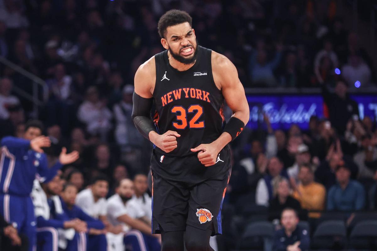  May 6, 2026; New York, New York, USA; New York Knicks center Karl-Anthony Towns (32) celebrates after scoring against the Philadelphia 76ers during game five of the second round of the 2026 NBA Playoffs at Madison Square Garden. Mandatory Credit: Wendell Cruz-Imagn Images 