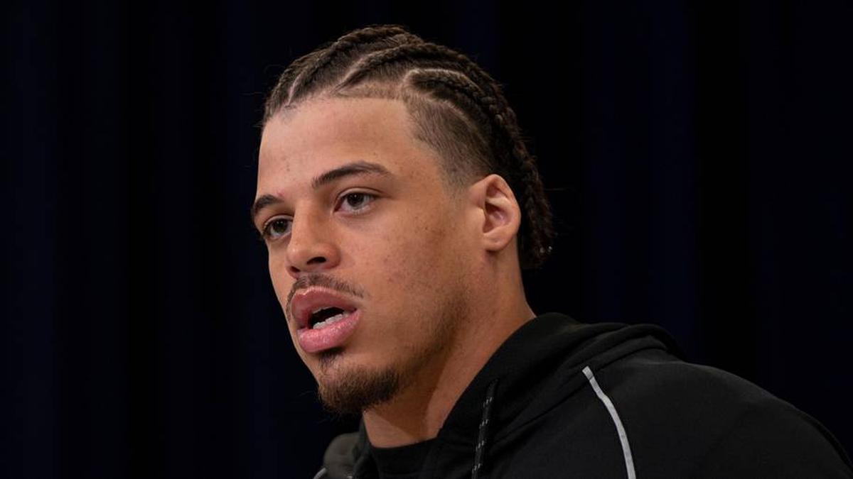  Feb 26, 2026; Indianapolis, IN, USA; Arizona defensive back Dalton Johnson (DB38) speaks to members of the media during the NFL Combine at the Indiana Convention Center. Mandatory Credit: Jacob Musselman-Imagn Images | Jacob Musselman-Imagn Images 