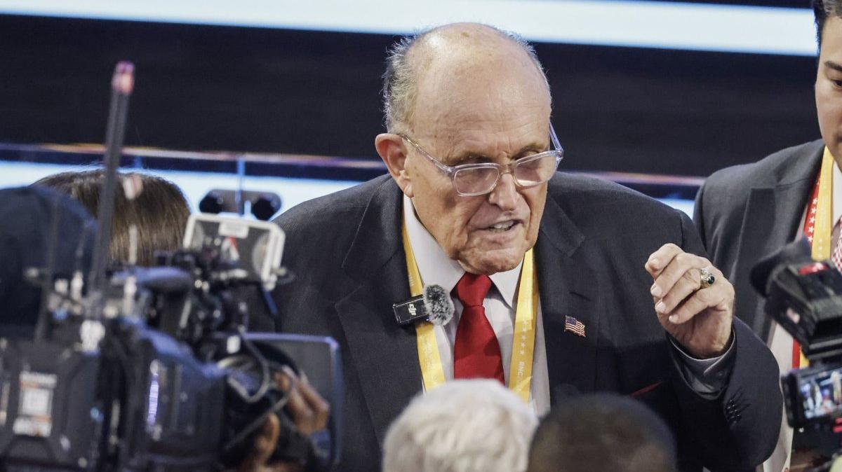 Former New York Mayor Rudy Giuliani is interviewed on the floor of the 2024 Republican National Convention at Fiserv Forum in Milwaukee, Wis., on July 16, 2024. Giuliani has been hospitalized in critical condition, his spokesman said Sunday. File Photo by Tannen Maury/UPI