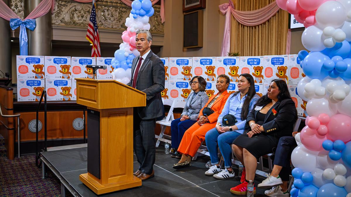California Attorney General Rob Bonta speaks during a press conference celebrating the launch of “Diaper Time is Talk Time” held at Oakland City Hall in Oakland, California, on Monday, Feb. 23, 2026. SupplyBank.org and Too Small to Fail launched an exclusive new line of diapers and wipes that will be distributed through nonprofit organizations and public organizations to families in need with young children. (Jose Carlos Fajardo/Bay Area News Group/TNS)