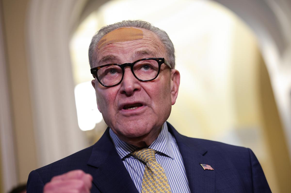  Senate Minority Leader Chuck Schumer, a New York Democrat, speaks at a press conference on the launch of the Senate Democrat’s elections task force at the U.S. Capitol on April 29 in Washington, DC. (Photo by Kevin Dietsch/Getty Images) 