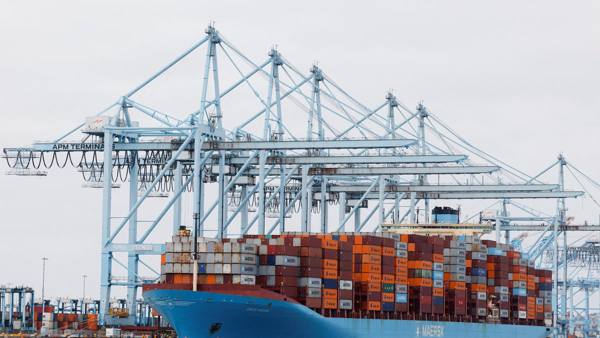 FILE PHOTO: Shipping containers sit on a Maersk vessel docked at the port of Los Angeles in Long Beach, California, U.S., March 10, 2026. REUTERS/Caroline Brehman/File Photo