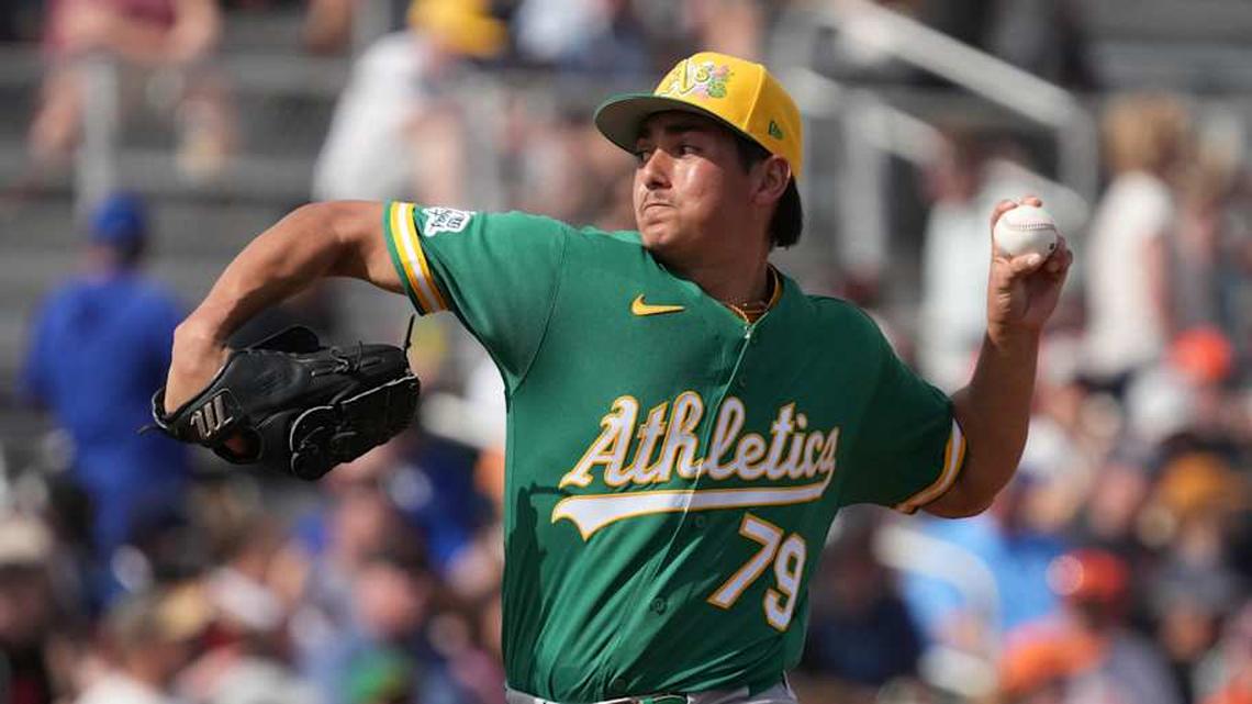  Athletics pitcher Gage Jump (79) throws against the San Francisco Giants in the third inning at Scottsdale Stadium. | Rick Scuteri-Imagn Images 
