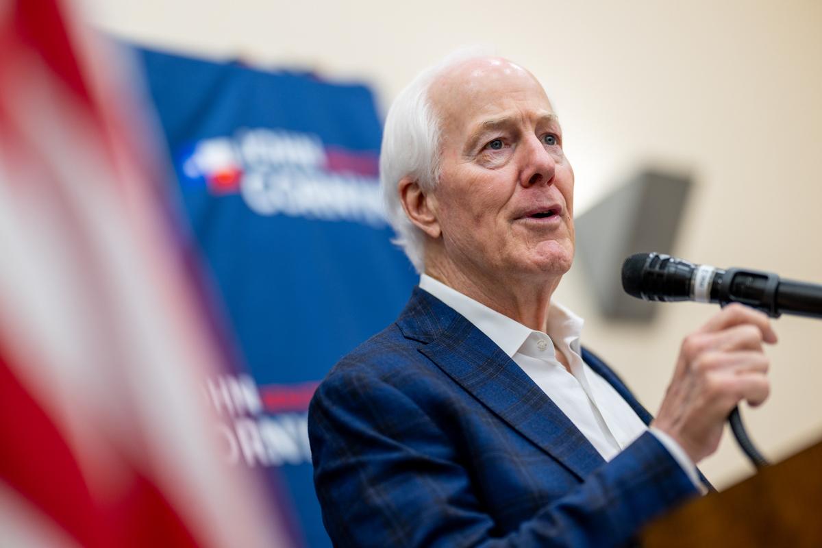  Senator John Cornyn (R-TX) speaks during a campaign rally on March 02, 2026 in Schertz, Texas. 