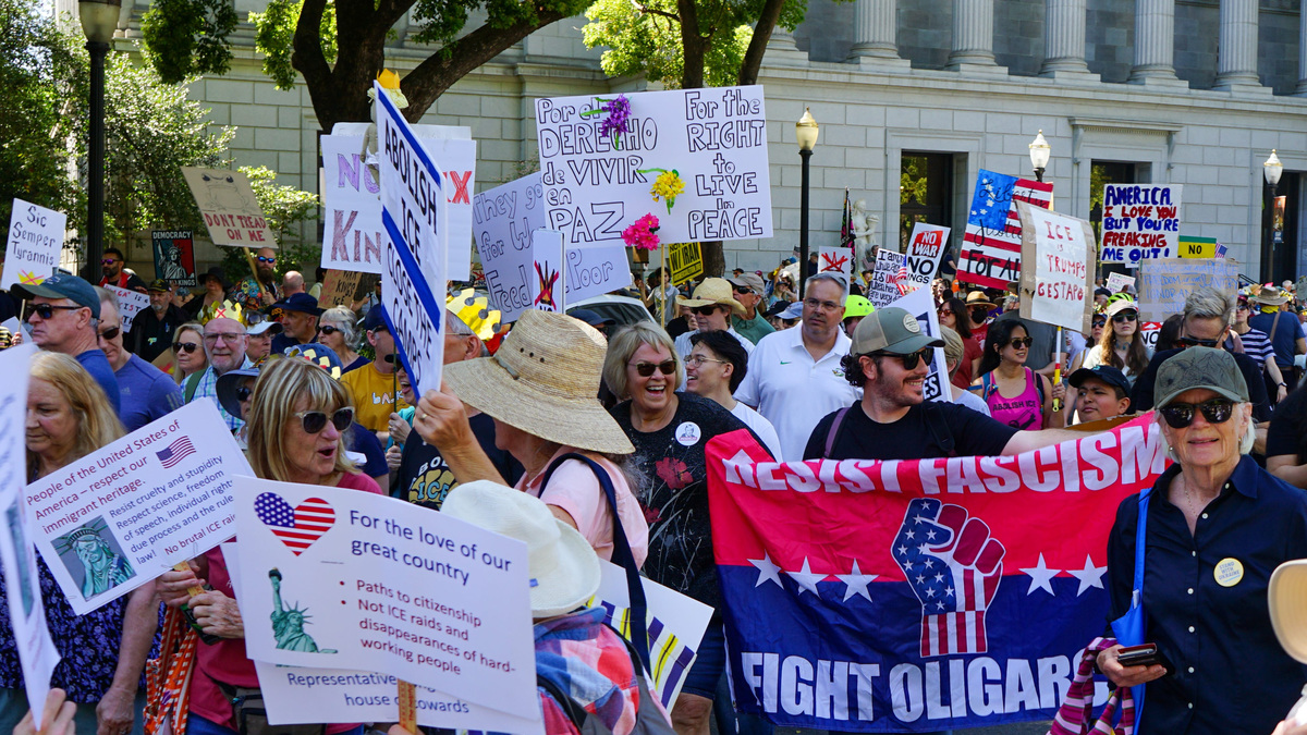 Protesters march against the Trump administration in Sacramento, California, on March 28, 2026.