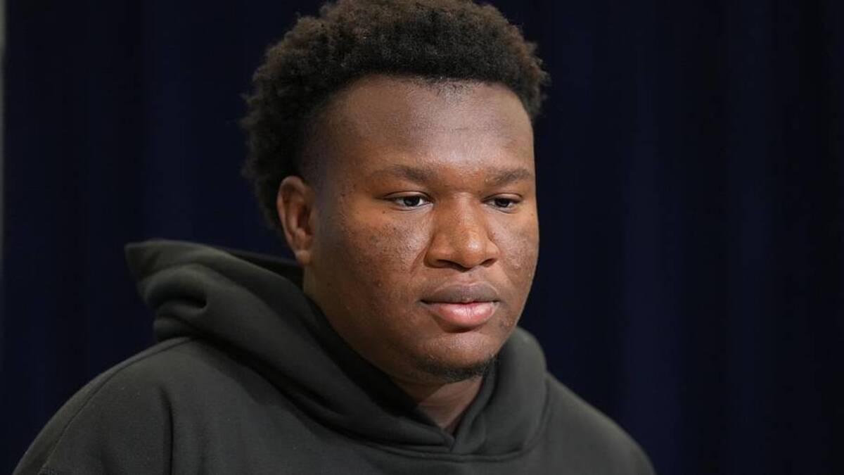  Feb 25, 2026; Indianapolis, IN, USA; NC State defensive lineman Brandon Cleveland (DL06) speaks during the NFL Scouting Combine at the Indiana Convention Center. Mandatory Credit: Kirby Lee-Imagn Images | Kirby Lee-Imagn Images 