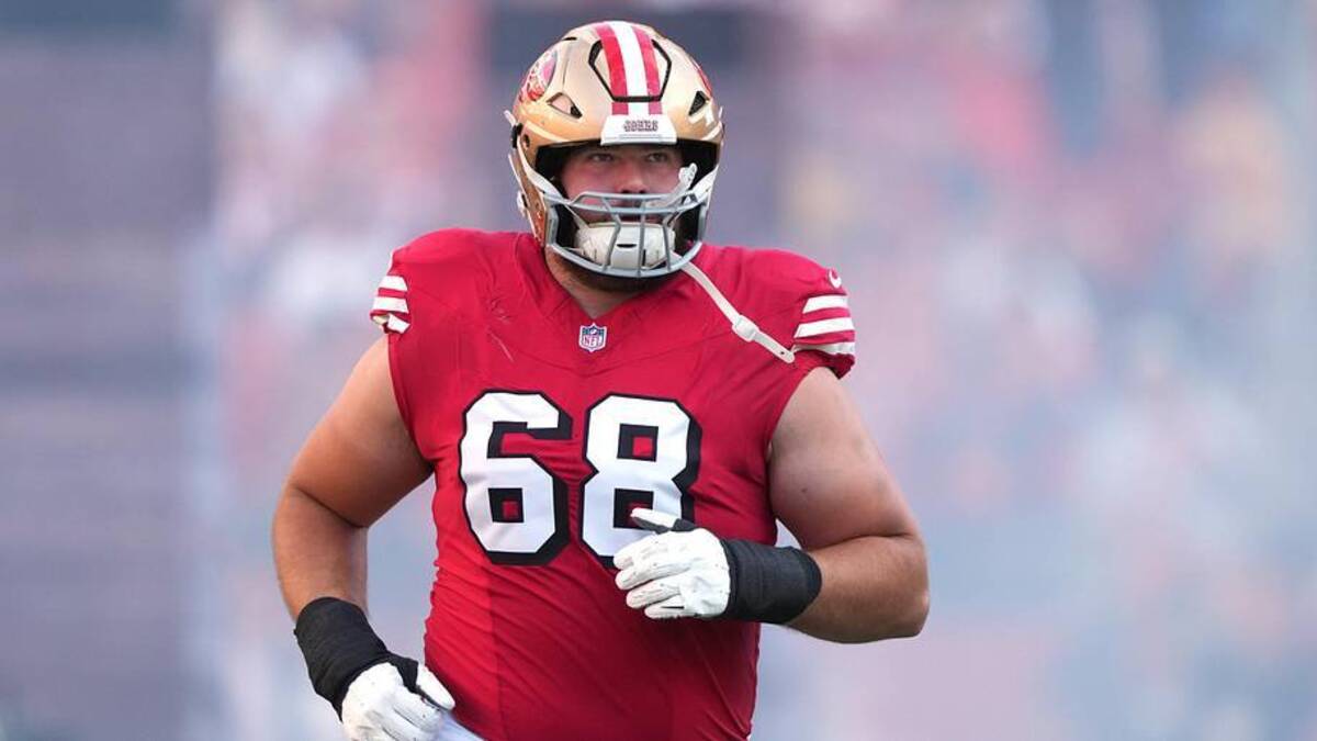  Oct 19, 2025; Santa Clara, California, USA; San Francisco 49ers offensive tackle Colton McKivitz (68) before the game against the Atlanta Falcons at Levi's Stadium. Mandatory Credit: Darren Yamashita-Imagn Images | Darren Yamashita-Imagn Images 