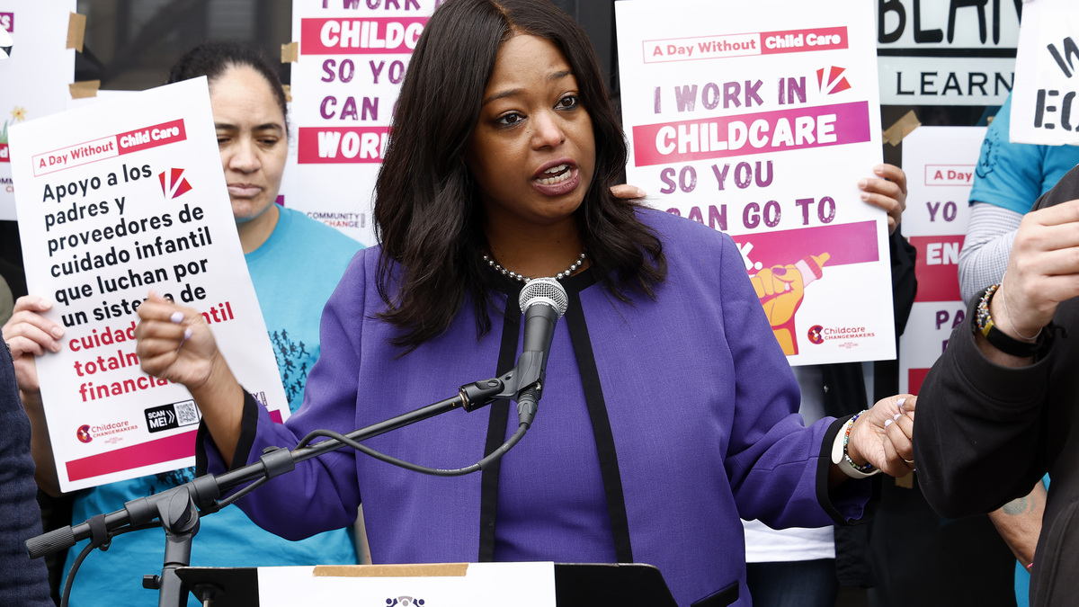 Janeese Lewis George Washington DC mayor race. Janeese Lewis George speaks during a press conference in Washington, D.C. on March 27, 2026.