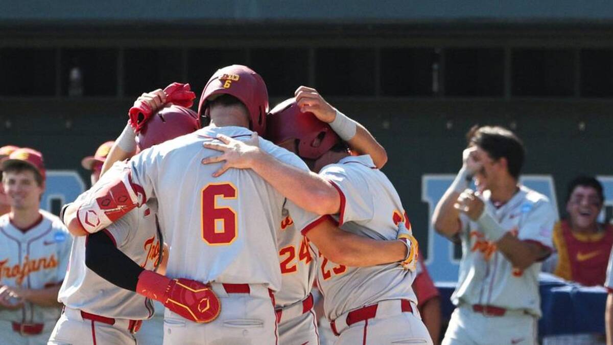  Jun 5, 2026; Chapel Hill, NC, USA; The USC Trojans celebrate a grand slam by USC infielder Dean Carpentier (6) against the North Carolina Tar Heels in the sixth inning at Boshamer Stadium. Mandatory Credit: Zachary Taft-Imagn Images | Zachary Taft-Imagn Images 