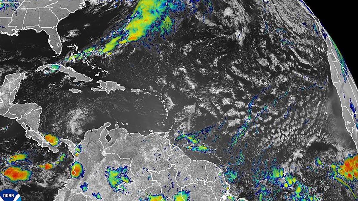 This infrared satellite image shows the Atlantic basin on Friday, May 15, 2026. (NOAA/GOES-East/TNS)
