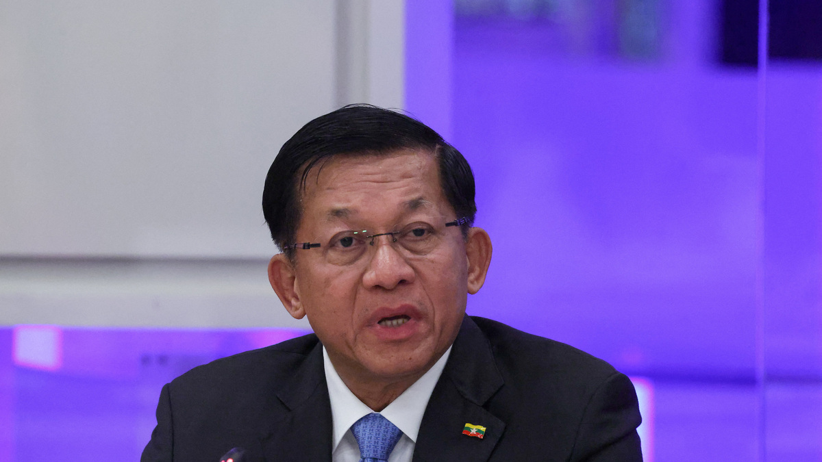 Myanmar's military chief Min Aung Hlaing speaks during a session of the World Atomic Week international forum in Moscow, Russia, September 25, 2025. REUTERS/Evgenia Novozhenina/Pool/File Photo