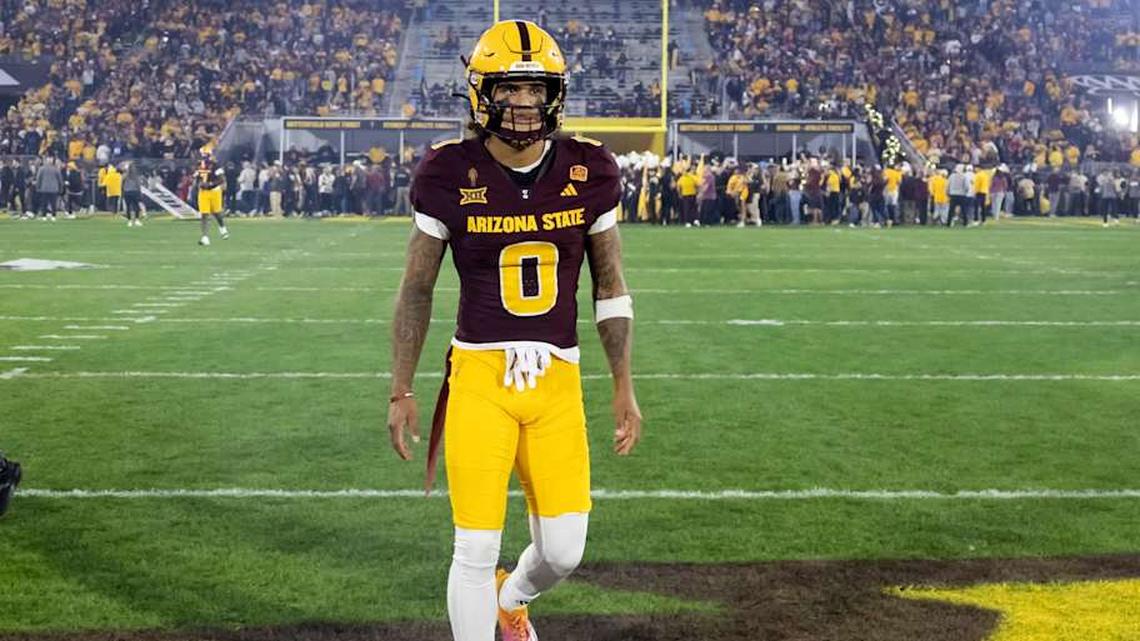  Nov 28, 2025; Tempe, Arizona, USA; Arizona State Sun Devils wide receiver Jordyn Tyson (0) against the Arizona Wildcats during the 99th Territorial Cup at Mountain America Stadium. Mandatory Credit: Mark J. Rebilas-Imagn Images | Mark J. Rebilas-Imagn Images 