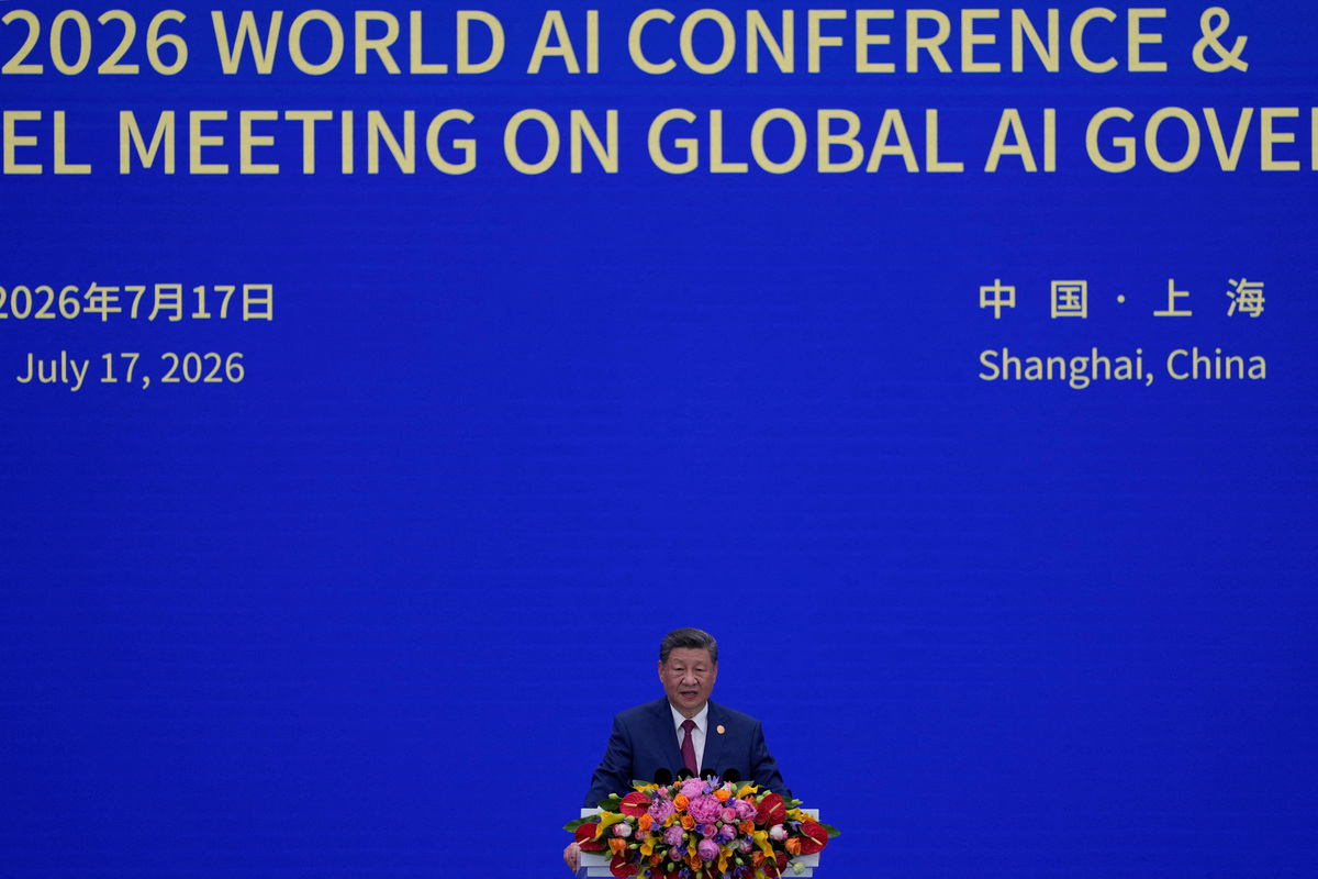 Chinese President Xi Jinping speaks at the opening ceremony for the World AI Conference in Shanghai, China, July 17, 2026.     Ng Han Guan/Pool via REUTERS