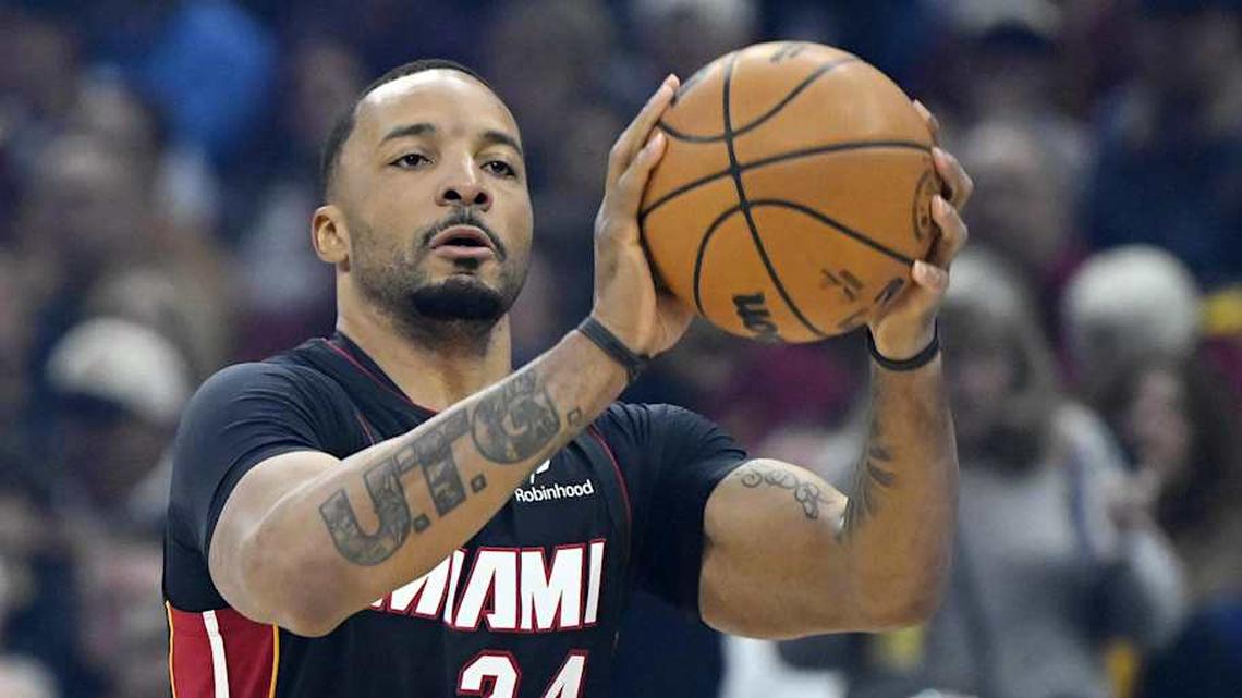  Mar 25, 2026; Cleveland, Ohio, USA; Miami Heat guard Norman Powell (24) looks to shoot in the first quarter against the Cleveland Cavaliers at Rocket Arena. Mandatory Credit: David Richard-Imagn Images | David Richard-Imagn Images 
