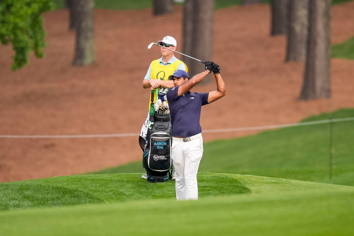  May 16, 2025; Charlotte, North Carolina, USA; Aaron Rai watches his ball travel to the green on the fifth hole during the second round of the PGA Championship golf tournament at Quail Hollow. Mandatory Credit: Jim Dedmon-Imagn Images 