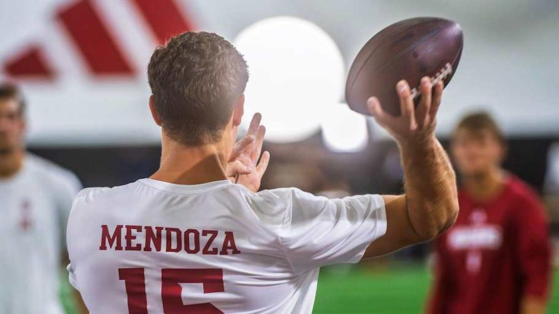  Fernando Mendoza participates in Indiana University's Pro Day at Mellencamp Pavilion on Wednesday, April 1, 2026. | Rich Janzaruk/Herald-Times / USA TODAY NETWORK via Imagn Images 