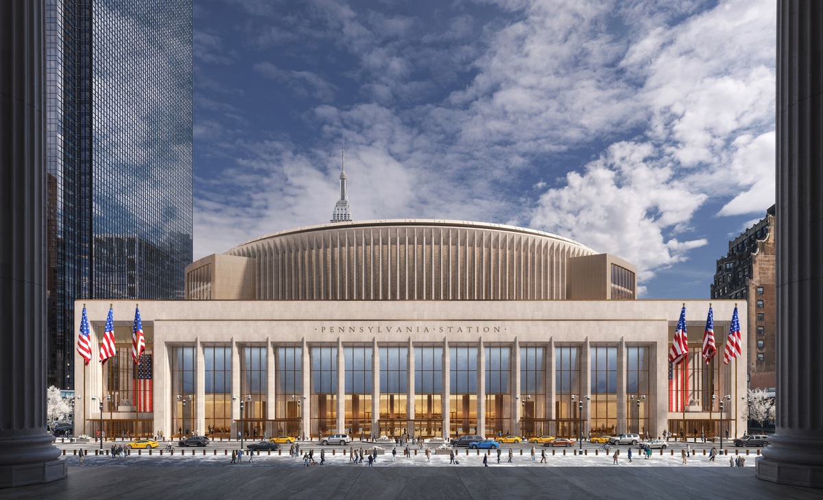  A rendering of the facade of the revamped Penn Station on 8th Avenue in New York City. 