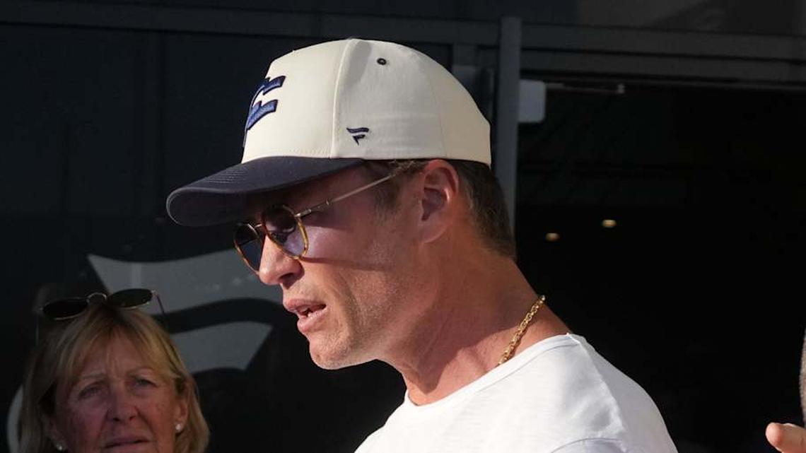  Mar 21, 2026; Los Angeles, CA, USA; Founders FFC quarterback Tom Brady (12) talks with fans during the Fanatics Flag Football Classic at BMO stadium. Mandatory Credit: Kirby Lee-Imagn Images | Kirby Lee-Imagn Images 