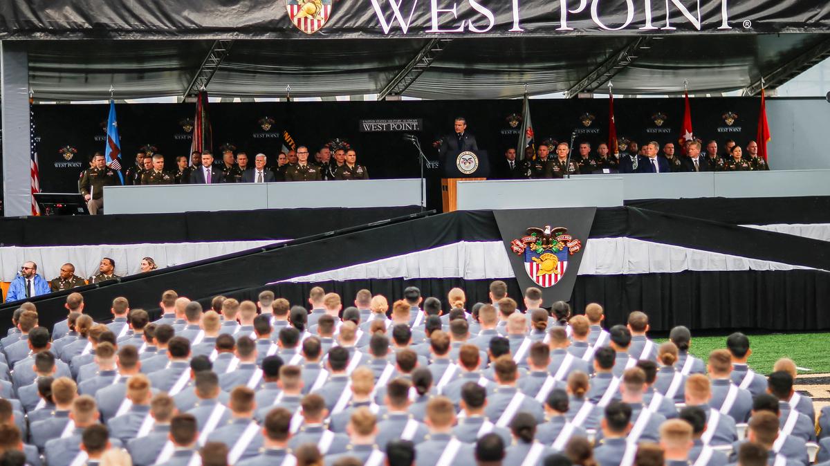 U.S. Secretary of Defense Pete Hegseth speaks during the graduation ceremony for the U.S. Military Academy (USMA) at West Point, New York, U.S., May 23, 2026. REUTERS/Eduardo Munoz