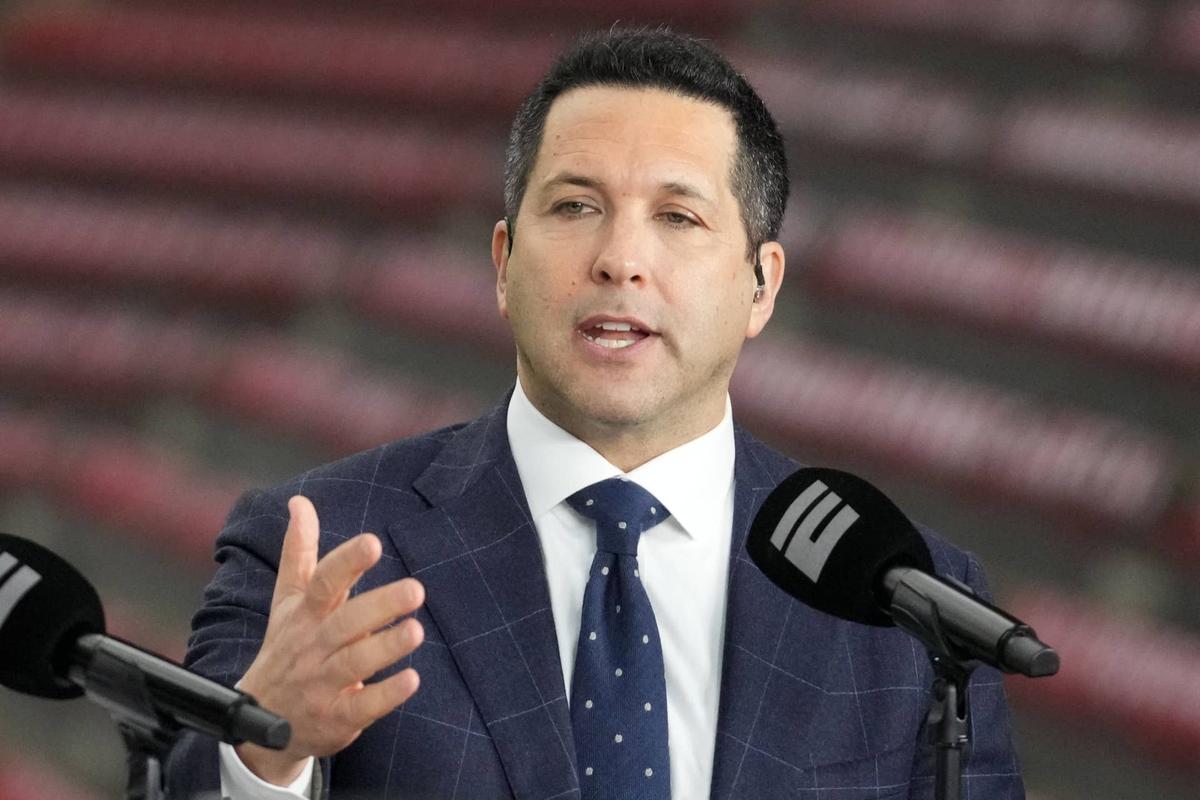  Jan 8, 2024; Houston, TX, USA; Adam Schefter talks on a set before the 2024 College Football Playoff national championship game between the Michigan Wolverines and the Washington Huskies at NRG Stadium. Mandatory Credit: Kirby Lee-USA TODAY Sports 