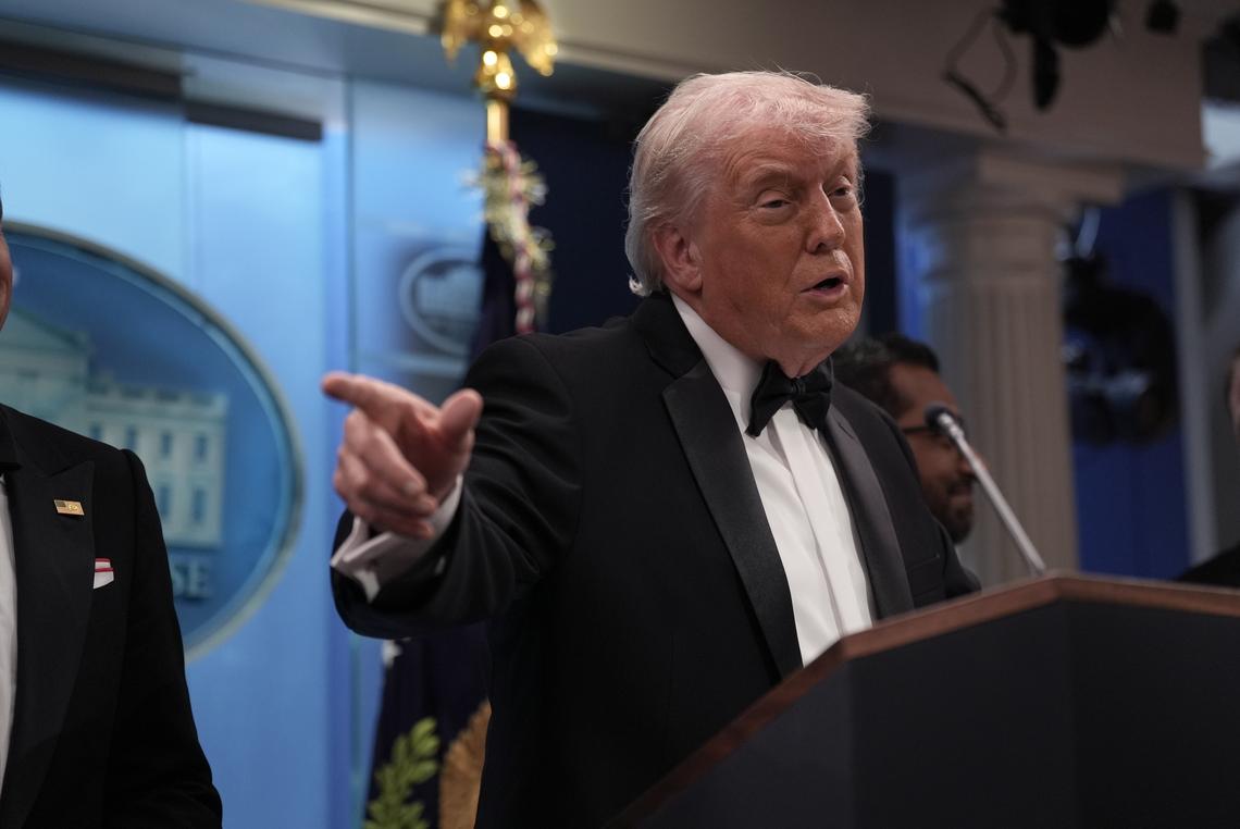 President Donald Trump briefs reporters at the White House after shots were fired during the White House Correspondents' Association dinner at the Washington Hilton in Washington on Saturday, April 25, 2026. Trump was rushed from the stage but was unharmed. (Salwan Georges/The New York Times)