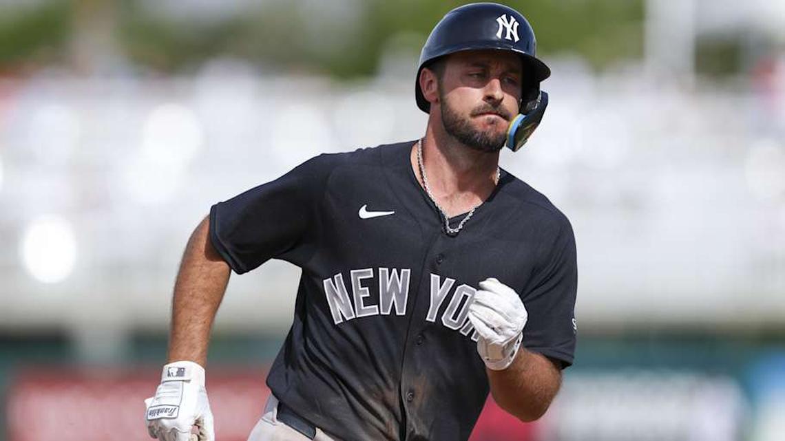  New York Yankees third baseman Paul DeJong (18) runs the bases after hitting a two-run home run against the Minnesota Twins in the fifth inning during spring training at Lee Health Sports Complex/Hammond Stadium. | Nathan Ray Seebeck-Imagn Images 