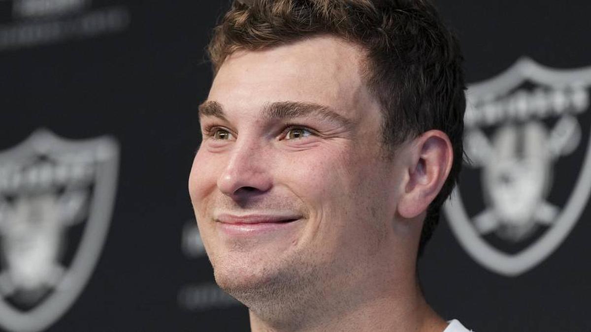  May 2, 2026; Henderson, NV, USA; Las Vegas Raiders quarterback Fernando Mendoza (15) speaks during a news conference at the team's Rookie Minicamp at Intermountain Health Performance Center. Mandatory Credit: Candice Ward-Imagn Images | Candice Ward-Imagn Images 